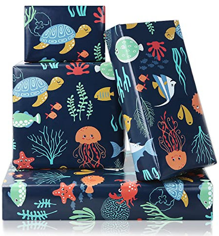 Geburtstags Geschenkpapier mit Meeresmotiven für Kinder, Mädchen, Jungen, Unter dem Wasser,4 Blätter Ozean Geschenkpapier für Geburtstag, Babyparty, Kindertag, 50 x 70 cm pro Blatt