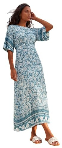 Roman Originals Floral Border Print Midi Dress for Women UK - Ladies Everyday Holiday Spring Summer Round Neckline Comfy Soft Evening Vacation Work Party - Light Blue - Size 14