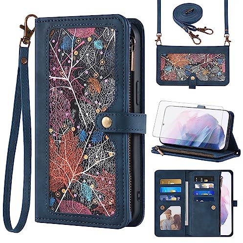 Funda tipo cartera para Samsung Galaxy S22 Plus S22+ 5G, con protector de pantalla de vidrio templado, correa de muñeca cruzada, patrón de tapa y cremallera, tarjetero, celda S22+5G, S22plus, 22S + S