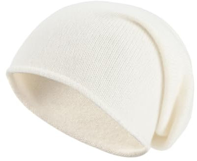 Villand 100% Kaschmir Slouchy Beanie Hut für Frauen, gestrickte Damen weiche warme Kaschmir Totenkopf-Beanies Kappe. (Weiß)