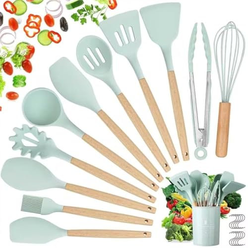 Utensilios Cocina de Silicona, hicoosee 22 Piezas Juego Utensilios de Cocina de Silicona con Mango de Madera para Utensilios, Sin BPA Resistentes al Calor y Antiadherentes con 10 S Ganchos, Verde 01