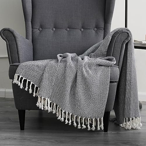 Menkala Kuscheldecke Boho Schwarz Weiß Gestreift Decke mit Quasten Tagesdecke Sofa Überwurfdecke Wolldecke Sofadecke Wohndecke Strickdecke Couchdecke Sofaüberwurf für Büro Bett Reisen Zimmer 115x170