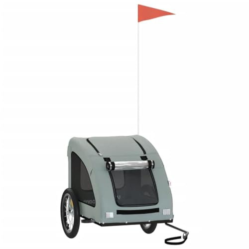 vidaXL Fahrradanhänger für Hunde, Hundeanhänger mit Reflektoren Flagge, Hundetransporter Maximale Belastbarkeit 45kg, Grau Oxford-Gewebe Eisen