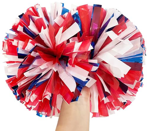aiviwiai Pom Poms Cheerleading mit Taktstockgriff – flauschige Cheerleader-Pompons für Erwachsene und Kinder – Cheerleader-Pompons für Cheerleader, tägliches Training, Teamgeist (12,7 cm/rot, weiß,