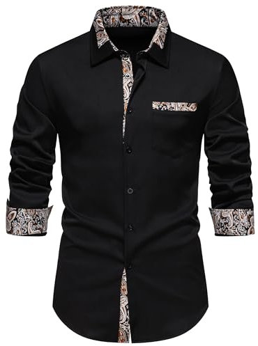 Men's Inner Contrast Dress Shirt Paisley Business Casual Smart Formal Classic Long Sleeve Regular Fit Button Down Wedding Party Work Shirts with Pockets-A354-Black-XL
