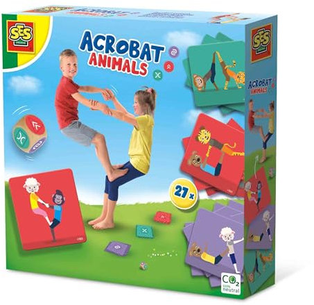 SES Creative | Spiel Tierakrobatik Kinder | 27 Karten + Würfel | Motorische Aktivität 5 Jahre+ | Bewegungsspiel Outdoor Indoor | Balance Koordination | Geschenkidee Aktiv