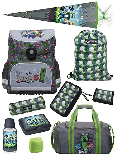 Familando - Schulranzen Set 10-teilig mit Schultüte - Minecraft - Ergonomisch, stabil & mit gepolstertem Rücken - 1250g leicht - 18L Volumen - Mit Reflektoren - Für Grundschule ab 1. Klasse