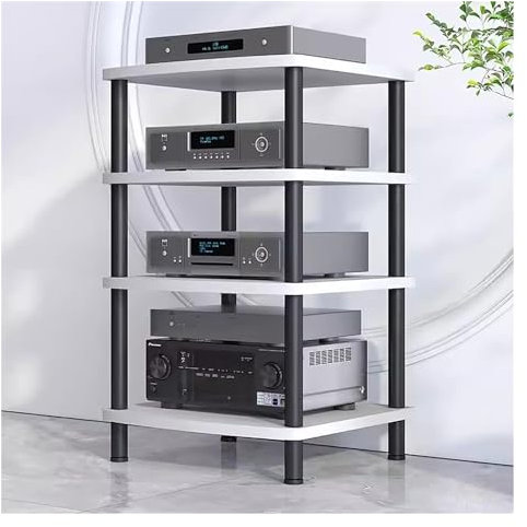 2/3/4-stufiges HiFi-Audio-Rack-Regal aus Metall und Holz, AV-Komponenten-Medienständer, Stereoschrank für Verstärker/Plattenspieler/Stereo-Receiver, Organizer für Audio-Video-Geräte (weiß, 4