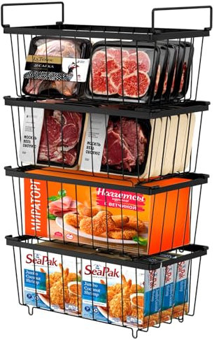 Teodute 4 Pack Chest Freezer Baskets, Stackable Freezer Organiser with Handles, for 198L Sort Frozen Foods (Black)