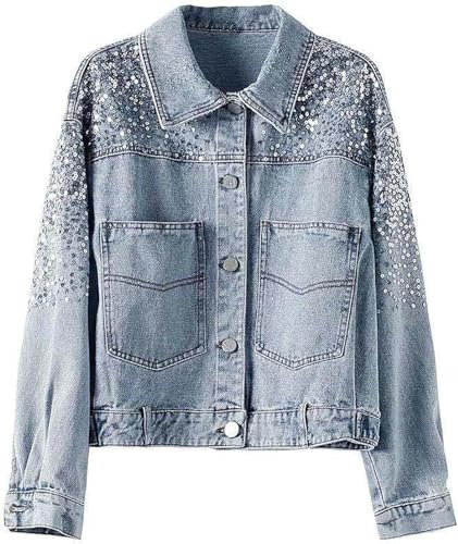 Yancremio Modische Jeansjacke mit Pailletten für Damen Übergroße Freizeitjacke für Rockmusikfestivals und Partys Elegante leichte Jeansjacke mit Langen Ärmeln für den Herbst (Blau,S)