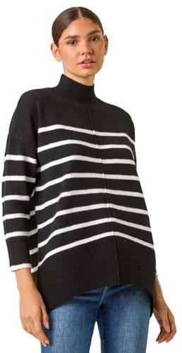 Roman Originals Relaxed Stripe Soft Knit Jumper for Women UK - Ladies Everyday Autumn Winter High Neckline Comfy Soft Evening Vacation Work Party Night Out - Black - Size 12