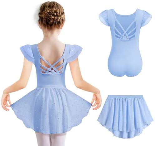 Arshiner Kinder Ballettkleidung Blau Baumwolle Balletttrikot Einfarbig Kurzarm Ballettkleid Mädchen Rückenfrei Tanzkleid Zweiteiliges Ballettanzug Kleinkind Tanzbody mit Rock Tütü 140/6-7 Jahre