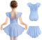 Arshiner Kinder Ballettkleidung Blau Baumwolle Balletttrikot Einfarbig Kurzarm Ballettkleid Mädchen Rückenfrei Tanzkleid Zweiteiliges Ballettanzug Kleinkind Tanzbody mit Rock Tütü 140/6-7 Jahre