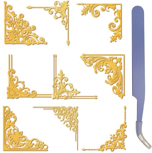 craspire 9 Stück Blumenrand Kacheln Goldene Metallaufkleber 1,5 x 1,5 Zoll Mit Pinzetten Eckrand Wasserfest Selbstklebend Nickel Dekorationsaufkleber Für Sammelalben Basteln Telefondekor