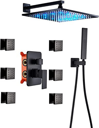 Duschsystem, verdecktes Duscharmaturen-Set, mattschwarz, Duschmischbatterien-Set mit 6 Körperbrause, Handbrause und LED-Regenduschkopf, fortschrittliche Lufteinspritztechnologie, 16 Zoll