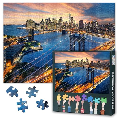 1000 Teile Stadtpuzzle für Erwachsene - New Yorker Skyline bei Sonnenuntergang mit Brooklyn Bridge Kunst & Premium Puzzle Board, Urbanes Architekturpuzzle, 70x50 cm