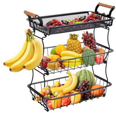 3-Tier Metal Fruit Basket with 2 Banana Hangers - Countertop Vegetable Organizer for Kitchen, Pantry & Dining Room | Rust-Resistant Wire Mesh Design | Holds Fruits, Veggies, Bread & Snacks (Black)