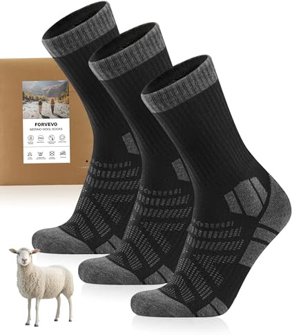 FORVEVO Merino Vandringsstrumpor Herr Dam 3 Par, 60% Ullstrumpor Herr Vadderade, Termostrumpor Vinterstrumpor, Sportstrumpor för Trekking Utomhus, 43-46 EU