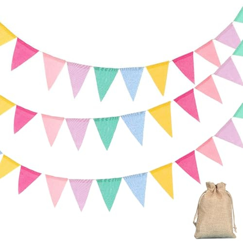 3 Stück Wimpelkette Outdoor Wetterfest und Einen Jutesack Erhalten Matschküche Zubehör 12M Girlande Wimpelgirlande Wimpelkette Boho für Hochzeit Geburtstag Babyparty Gartenparty Kinderzimmer Deko