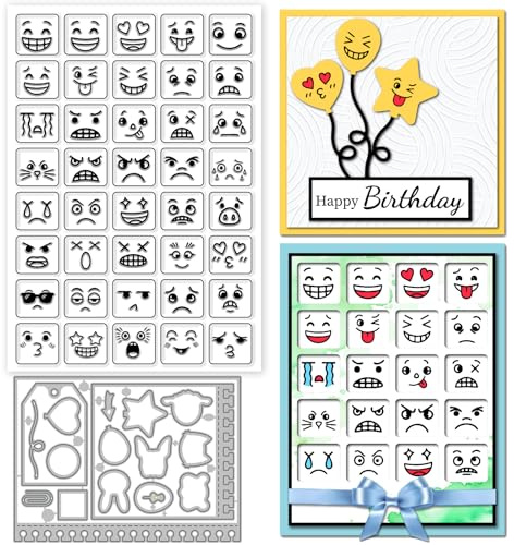 GLOBLELAND Emoticons Silikonstempel und Stanzformen Set Für Kartenherstellung Facial Expression Klare Stempel Und Stanzformen Set Für DIY Craft Scrapbooking Grußkartendekoration