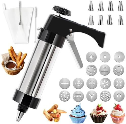 DASIAUTOEM Gebäckpresse für Spritzgebäck Edelstahl Spritzgebäck Presse, mit 16 Schablonen, 8 Tüllen und Spritzbeutel,Churros Presse, Gebäckspritze für Kuchen Dessert DIY Maker Cookie Presse