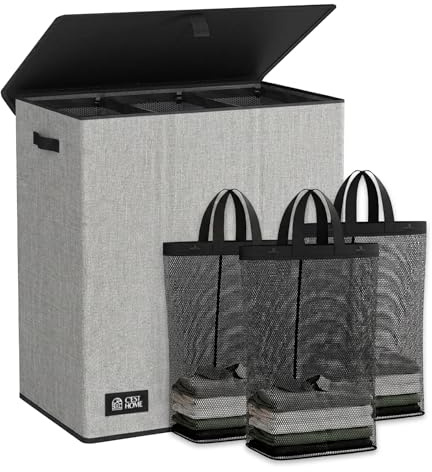 C’est Home 160L Laundry Hamper, Large 3-Section Clothes Basket with Lid & Removable Washing Bags, Foldable Laundry Sorting Bin for Home Bedroom Bathroom (Grey)