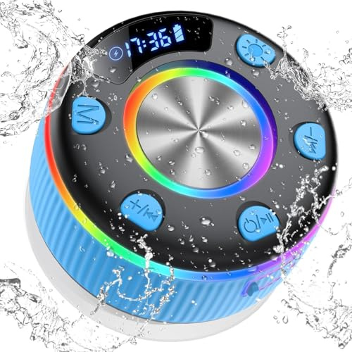 Bluetooth Lautsprecher Dusche, musikbox Bluetooth mit HD Mic, RGB Lichtshow, Zeitangabe, Mini Duschlautsprecher mit Saugnapf, 8H Stereo Sound Tragbare Speaker, IP7 Wasserdicht für Badezimmer,Hellblau