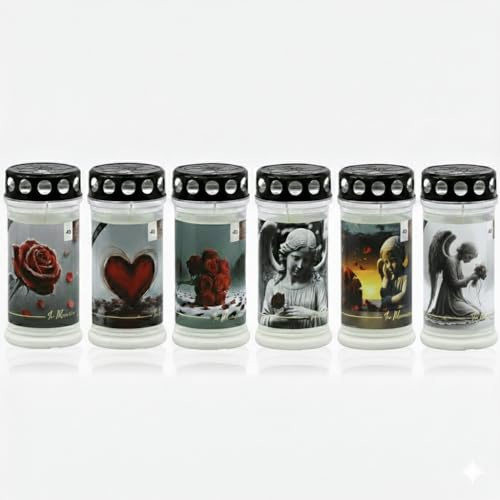 HORECA CANDLES Velas para tumba de 4 días de duración - Juego de 6 velas con tapa - Cera blanca - Diseño de ángel - Vela de cementerio para decoración de tumbas