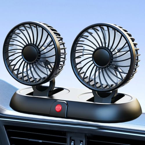 Dual Head Car Fan, 5V USB Car Cooling Fan with 3 Speeds, 360° Rotatable Powerful Quiet Car Fans That Blow Cold Air, Portable Dashboard Auto Fans with Parking Plate for Cars, Truck, Office, Home