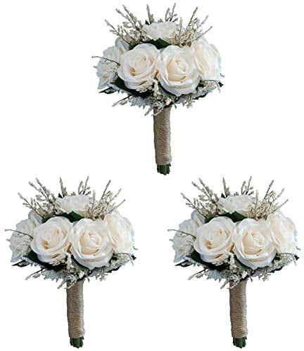 Tuminfar 3X Bouquets de Mariée pour Mariage, Bouquet de Fleurs de Rose Artificielle Mariée Demoiselle d'honneur Tenant Une Fleur