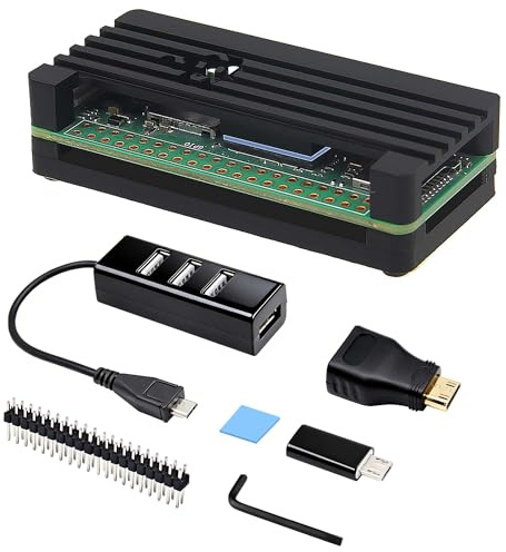 Kit de Inicio Caja disipadora de ALU eleUniverse para Raspberry Pi Zero 2W | Con conector GPIO, hub OTG de 4 puertos, adaptador Mini HDMI y adaptador USB-C a Micro USB, compatible con RPi Zero/Zero W