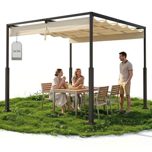 QEENTOE Schiebepergola 3x3 m, Freistehendes Terrassendach aus Stahl & Polyester, Wasserdicht Winterfest, Robuste Metallsäulen Sonnenschutz für Terrasse Garten Beige
