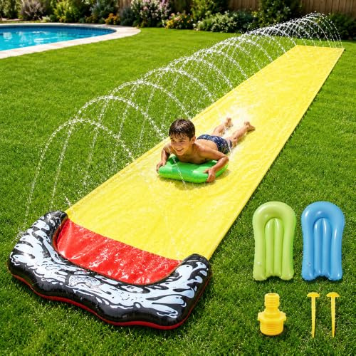 Afenau Water Slide Mat, 15.7ft/480cm Lawn Water Slides with 2 Bodyboard and Sprinkler, Single Lane, Waterslide Inflatable, Slip n slide for Adults Outdoor Play