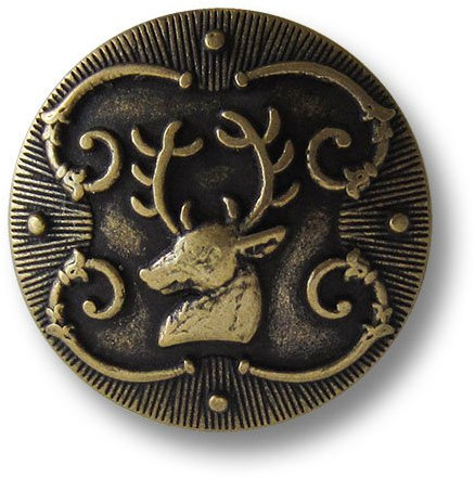 Knopfparadies - 6er Set bildschöne leicht gewölbte altmessingfarbene Ösen Metallknöpfe mit Hirsch Motiv und Ranken mit schraffiertem Rand/Altmessingfarben, geschwärzt/Trachtenknöpfe/Ø ca. 20mm