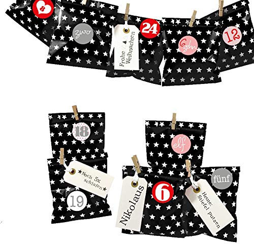 Frau WUNDERVoll® DIY Adventskalender zum Befüllen Bescherung: Set Stern 127, Papiertueten flach 13x16,5cm, schwarz Stern, Ziffern rosa-rot