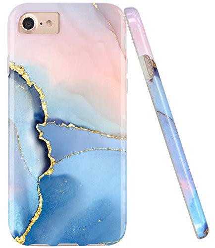JAHOLAN iPhone SE 2022/2020 Case, iPhone 7 8 Case, Gold Glitter Sparkle Blue Marble Design Glossy TPU Soft Rubber Silicone Cover Phone Case for iPhone 7/8/6/6S/SE 2020 2022