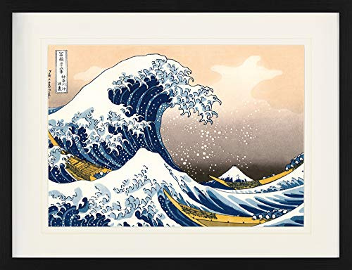 1art1 Katsushika Hokusai Poster Die Große Welle Vor Kanagawa Gerahmtes Bild Mit Edlem Passepartout | Wand-Bilder | Im Bilderrahmen 80x60 cm