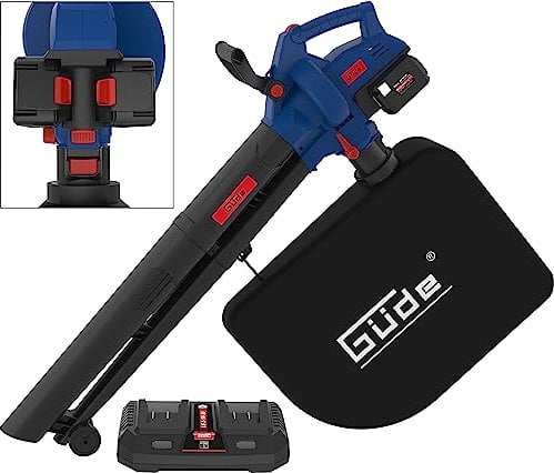 Güde 58584 Akku Laubsauger LS 36-302-30 (36 V, Saugfunktion 480 m³/h, Blasfunktion 230 km/h, VarioSpeed, Häckselfunktion-Rate 8:1, 45 l Laubfangsack, Rollen, inkl. 2X 18 V je 3,0 Ah & Doppelladegerät)