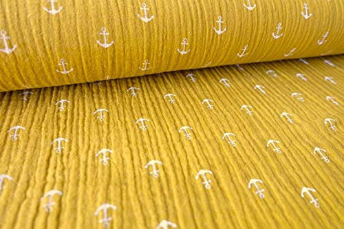 Musselin Gauze Stoff als Meterware mit Anker bedruckt (Senf)