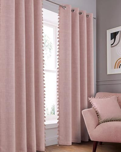 always4u 100% Blickdicht Vorhang Leinen mit Pompons Gardinen Verdunkelung Schallschutz mit Ösen Thermogardinen Wärmeisolierend für Schlafzimmer und Wohnzimmer, 245x140cm, Rosa, 2er Set