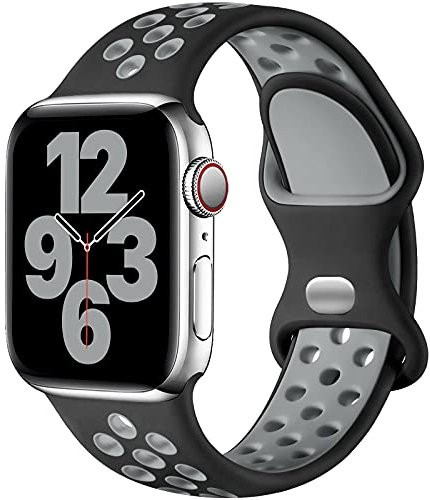 Upeak Sport Strap Compatible with Apple Watch Strap 40mm 38mm 41mm 42mm 44mm 45mm 46mm 49mm, Breathable Silicone Double Hole Band for iWatch Strap Series 11 10 9 8 7 6 5 4 2 1, SE 3, S, Black/Grey