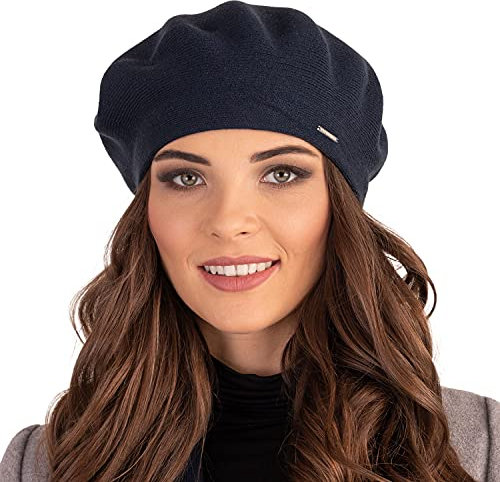 VIVISENCE Damen Baskenmütze Eleganter Wintermütze Warm Und Gemütlich Kopfbedeckung An Winter Und Herbst Warm Dick Strickmütze, Klassisch Mütze Für Frauen Modell 7005, Dunkelblau,Einheitsgröße