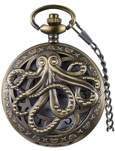 Tiong Vintage Hollow Octopus/Dragon Taschenuhr Quarz Taschenuhren mit Kette für Weihnachten Abschluss Geburtstag Geschenke Vatertag