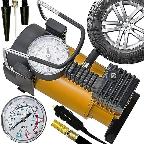 Retoo Compressore Aria Portatile 12 Volt, Mini Pompa Elettrica con Manometro, Kit Adattatore, per Auto, Bicicletta, Moto, Materassi, Gomme Palloni, Cuscini d'Aria, d'oro