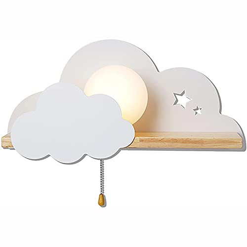 LED Wolken Wandleuchte mit Schalter Indoor Holz Wolke Wandlampen mit Zugschalter E27 Moderne Kinderzimmer Runder Glas Lampenschirm Wandbeleuchtung Weiß Mädchen Junge Schlafzimmer Wandspot Nachtlicht