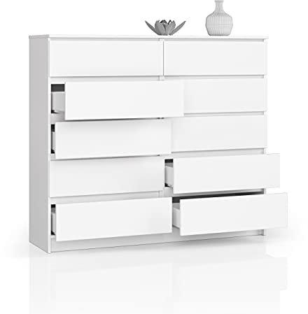 BDW Kommode, 10 Schubladen, viel Stauraum, Kleiderschrank, Flur, Badezimmerschrank, Kommode, Multifunktionsschrank. Abmessungen: 138 x 121 x 40 (Weiß)