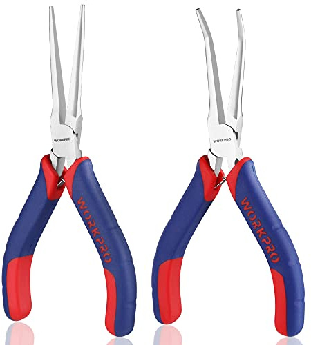 WORKPRO 2-Piece 6 Mini Needle Nose Pliers Set(Smooth Jaw), Long Nose Pliers, Bent Nose Pliers with Comfort Grip Handles, Jewelry Plier For Wire Wrapping, Handmade Craft, Jewelry Making Supplies