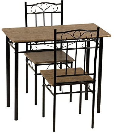 IPOTIUS Esszimmer-Set mit Esstisch und 2 Stühlen, Esstisch und Stuhl mit dunkler Holzmaserung, Schwarze Metallbeine, für Esszimmer, Küche, Wohnzimmer