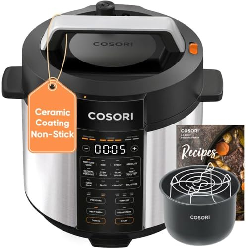 Cosori Pressure Cooker 6QT, Stainless Steel, 9-in-1 Multi Cooker, 12 Safety Features, Ceramic Inner Pot, Rice, Slow Cook, Sous Vide, Saute, 1100W