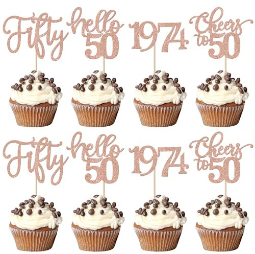 Cupcake-Topper zum 50. Geburtstag, glitzernd, 50. Geburtstag, Cupcake-Picks, Prost bis 50 Kuchendekorationen für Happy 50th Birthday Anniversary Partyzubehör, Roségold, 24 Stück